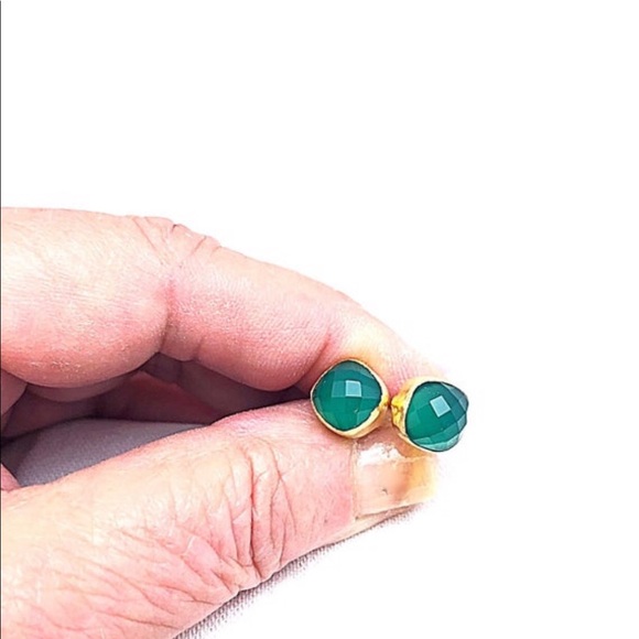 Emerald Green Onyx Faceted Studs, Gold, Square Bezeled, 22k Vermeil, NWT - Picture 3 of 4